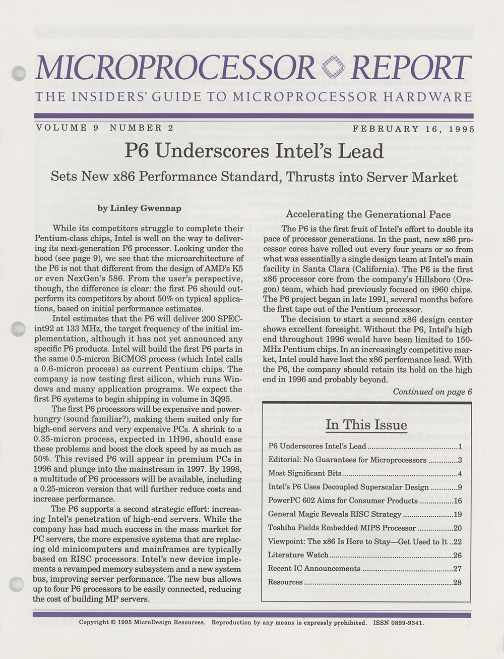 Microprocessor Report – February 16,1995 (Cover)